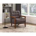 Okak Comfy Leather Accent Chair Contemporary Living Room Chair with Upholstered Tufted Cushion Walnut Finish Wood Armchair