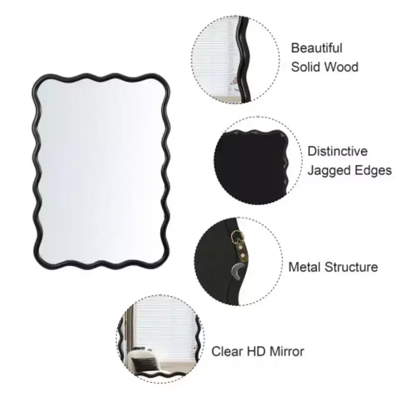 40 x 28 Solid Wood Wavy Rectangle Mirror-Black for Bathroom, Bedroom, Living Room, Dining Room, Cloakroom, Entryway