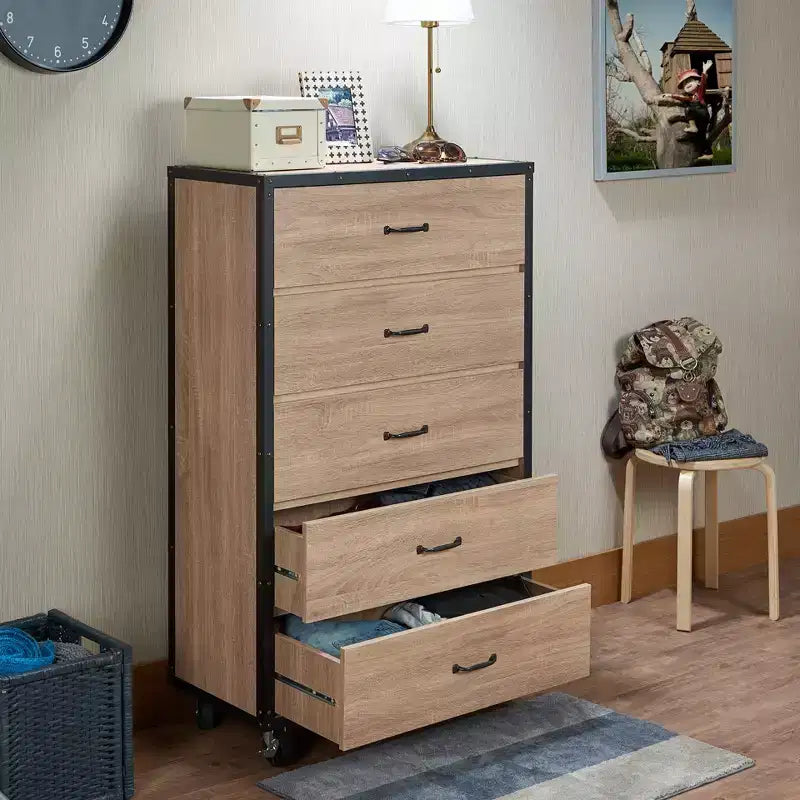 GDFStudio Herty 5 Drawers Wood Dresser with Caster Wheels