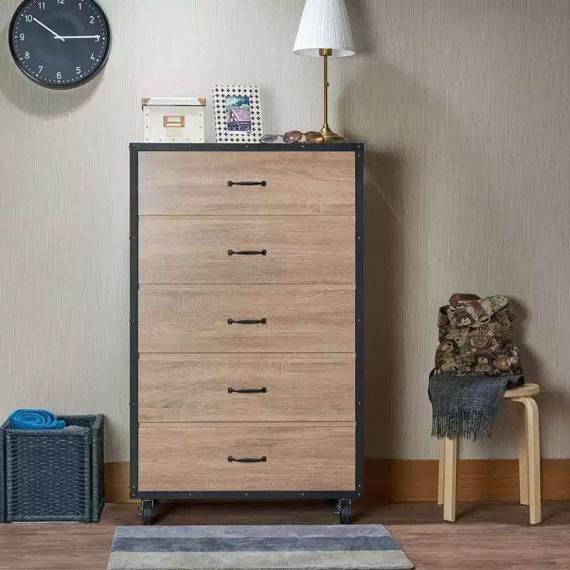GDFStudio Herty 5 Drawers Wood Dresser with Caster Wheels