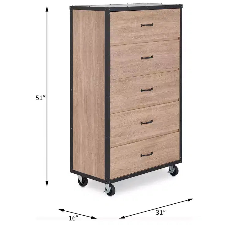 GDFStudio Herty 5 Drawers Wood Dresser with Caster Wheels