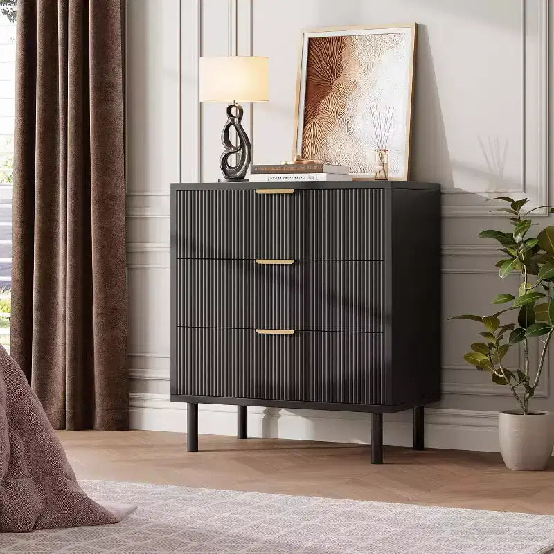 28 Wave Fluted 3-Drawer Dresser - Anti-Tip Safety, Tall Storage Chest w/Metal Legs for Bedroom & Entryway