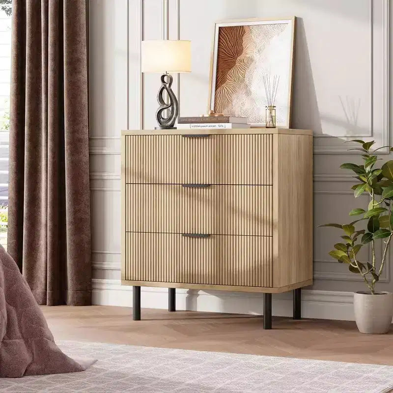 28 Wave Fluted 3-Drawer Dresser - Anti-Tip Safety, Tall Storage Chest w/Metal Legs for Bedroom & Entryway