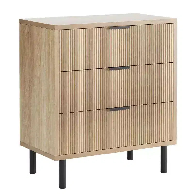 28 Wave Fluted 3-Drawer Dresser - Anti-Tip Safety, Tall Storage Chest w/Metal Legs for Bedroom & Entryway