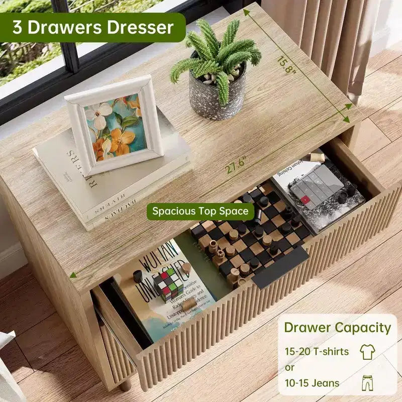 28 Wave Fluted 3-Drawer Dresser - Anti-Tip Safety, Tall Storage Chest w/Metal Legs for Bedroom & Entryway