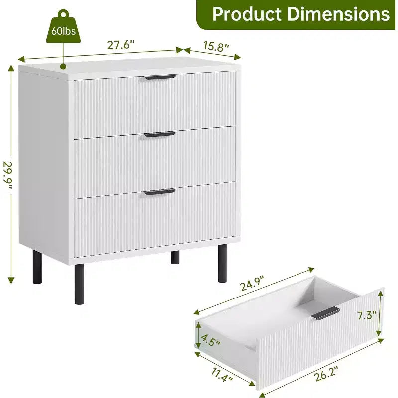 28 Wave Fluted 3-Drawer Dresser - Anti-Tip Safety, Tall Storage Chest w/Metal Legs for Bedroom & Entryway