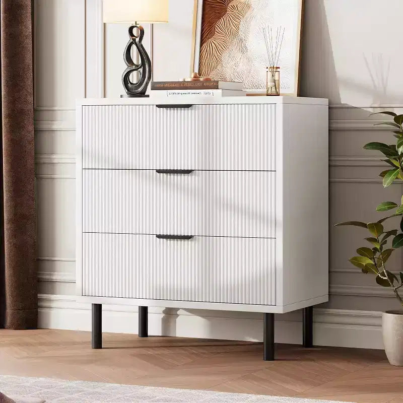 28 Wave Fluted 3-Drawer Dresser - Anti-Tip Safety, Tall Storage Chest w/Metal Legs for Bedroom & Entryway