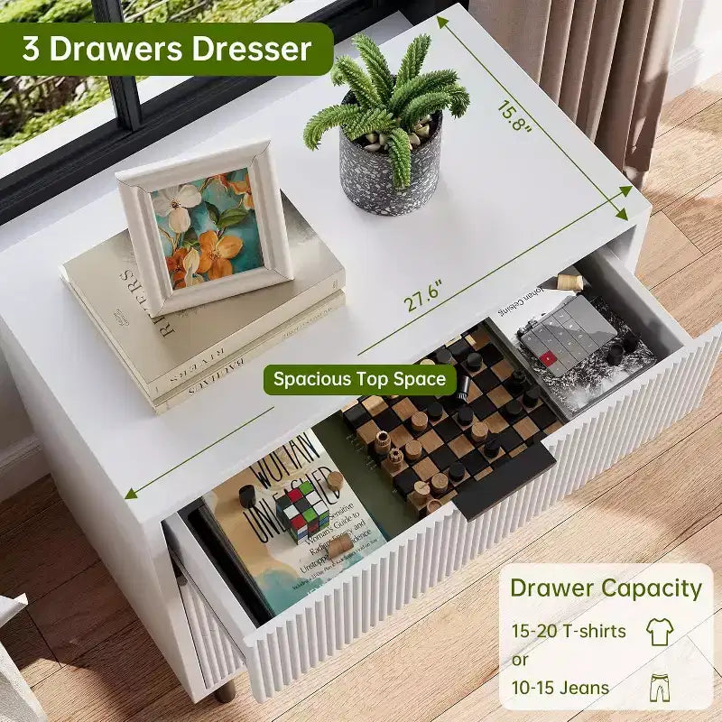 28 Wave Fluted 3-Drawer Dresser - Anti-Tip Safety, Tall Storage Chest w/Metal Legs for Bedroom & Entryway