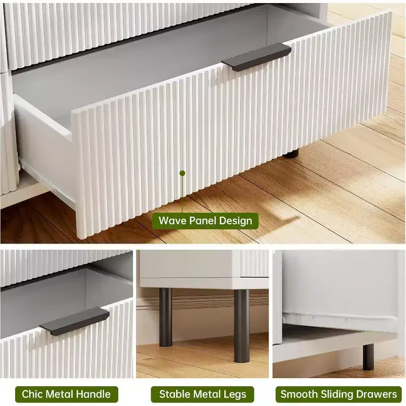 28 Wave Fluted 3-Drawer Dresser - Anti-Tip Safety, Tall Storage Chest w/Metal Legs for Bedroom & Entryway