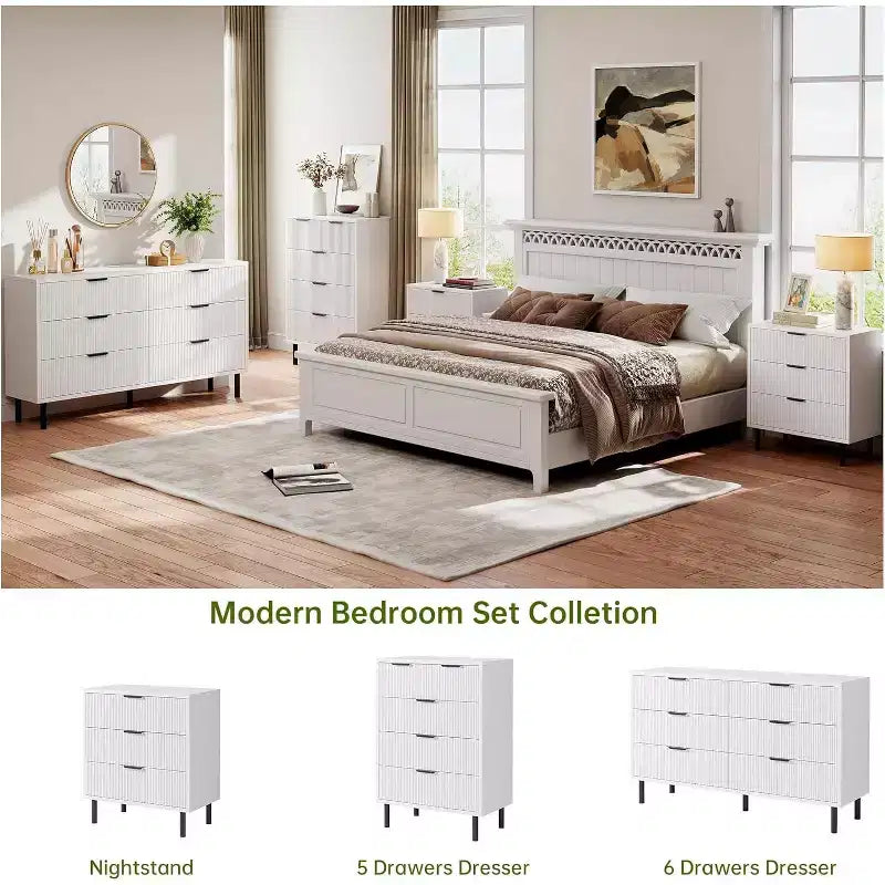 28 Wave Fluted 3-Drawer Dresser - Anti-Tip Safety, Tall Storage Chest w/Metal Legs for Bedroom & Entryway