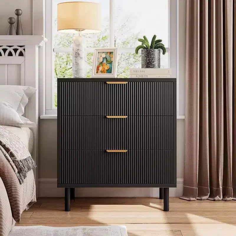 28 Wave Fluted 3-Drawer Dresser - Anti-Tip Safety, Tall Storage Chest w/Metal Legs for Bedroom & Entryway