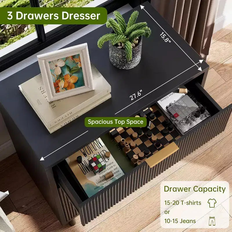 28 Wave Fluted 3-Drawer Dresser - Anti-Tip Safety, Tall Storage Chest w/Metal Legs for Bedroom & Entryway
