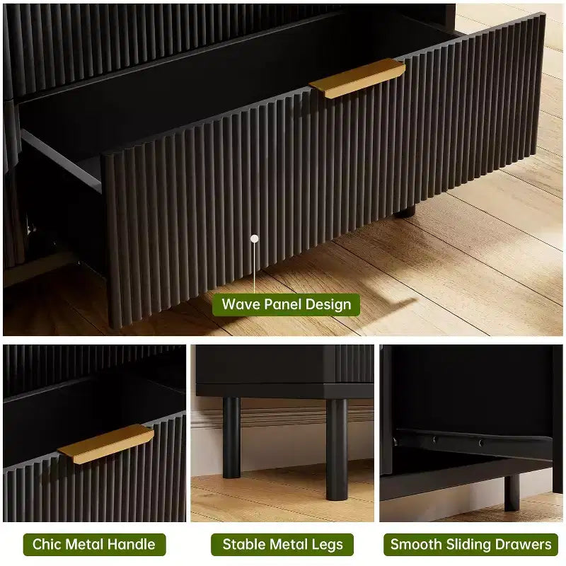 28 Wave Fluted 3-Drawer Dresser - Anti-Tip Safety, Tall Storage Chest w/Metal Legs for Bedroom & Entryway