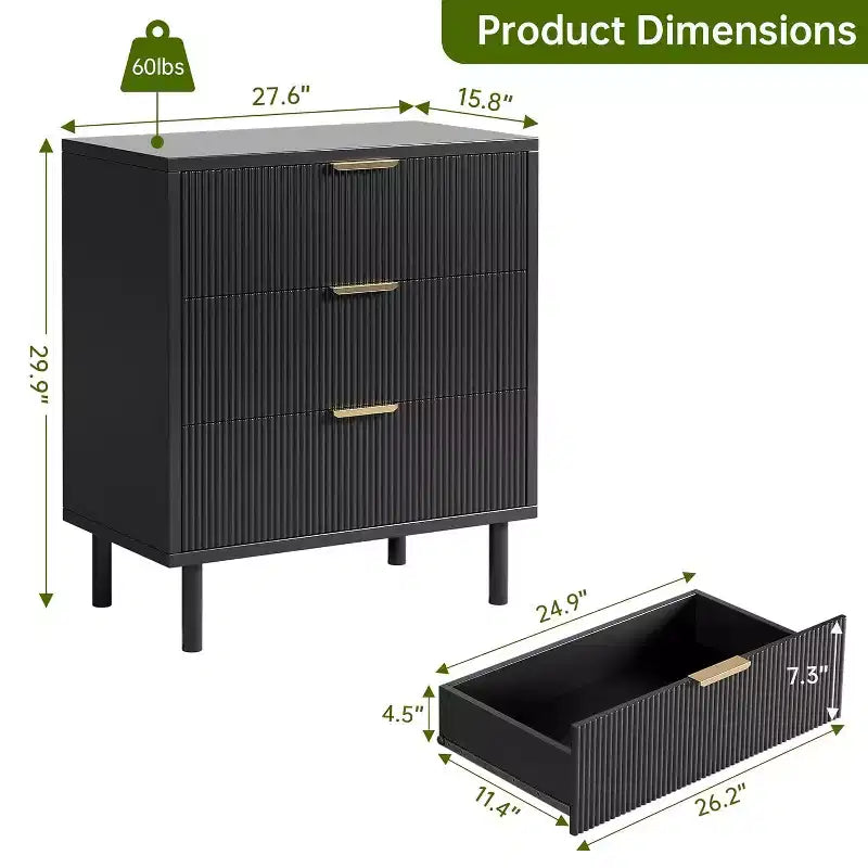28 Wave Fluted 3-Drawer Dresser - Anti-Tip Safety, Tall Storage Chest w/Metal Legs for Bedroom & Entryway