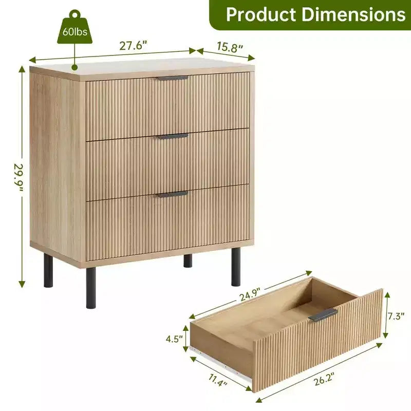 28 Wave Fluted 3-Drawer Dresser - Anti-Tip Safety, Tall Storage Chest w/Metal Legs for Bedroom & Entryway