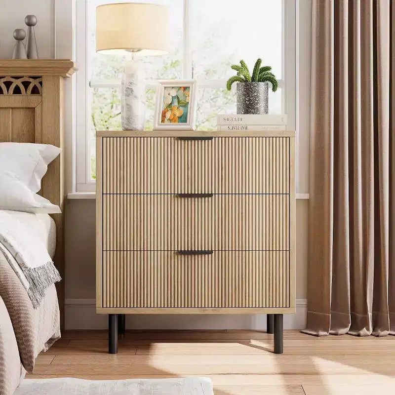 28 Wave Fluted 3-Drawer Dresser - Anti-Tip Safety, Tall Storage Chest w/Metal Legs for Bedroom & Entryway