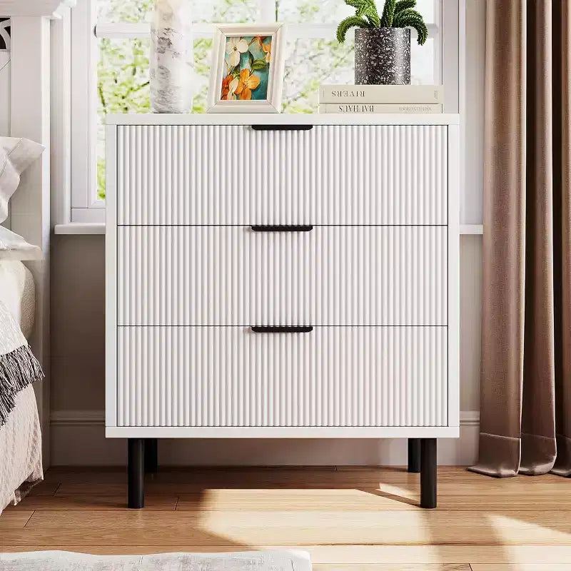 28 Wave Fluted 3-Drawer Dresser - Anti-Tip Safety, Tall Storage Chest w/Metal Legs for Bedroom & Entryway
