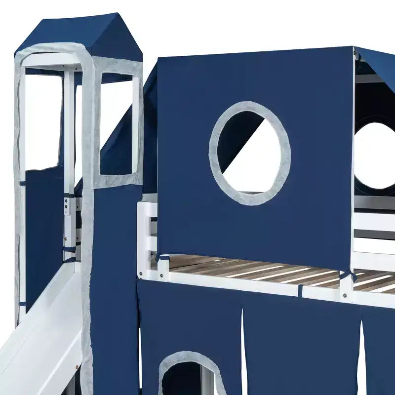 Twin/Full Size Loft Bed with Storage Staircase, Tent and Tower, Pink/Blue - ModernLuxe