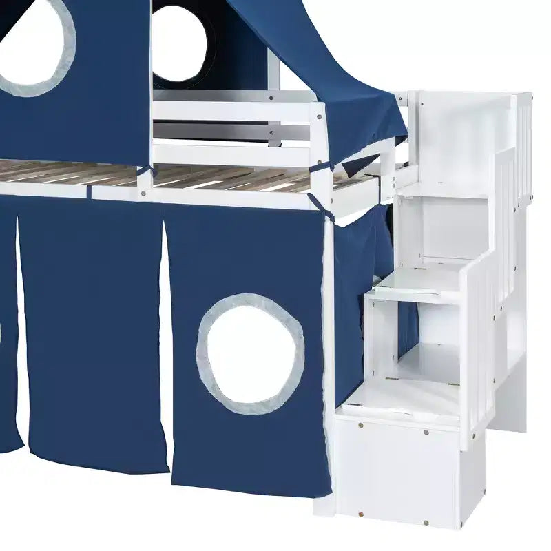 Twin/Full Size Loft Bed with Storage Staircase, Tent and Tower, Pink/Blue - ModernLuxe