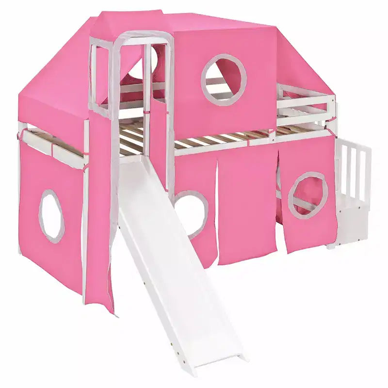 Twin/Full Size Loft Bed with Storage Staircase, Tent and Tower, Pink/Blue - ModernLuxe