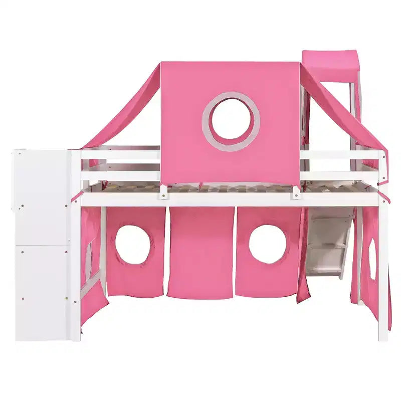 Twin/Full Size Loft Bed with Storage Staircase, Tent and Tower, Pink/Blue - ModernLuxe