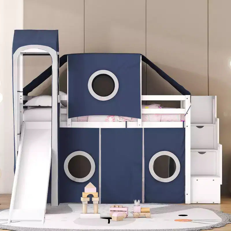 Twin/Full Size Loft Bed with Storage Staircase, Tent and Tower, Pink/Blue - ModernLuxe