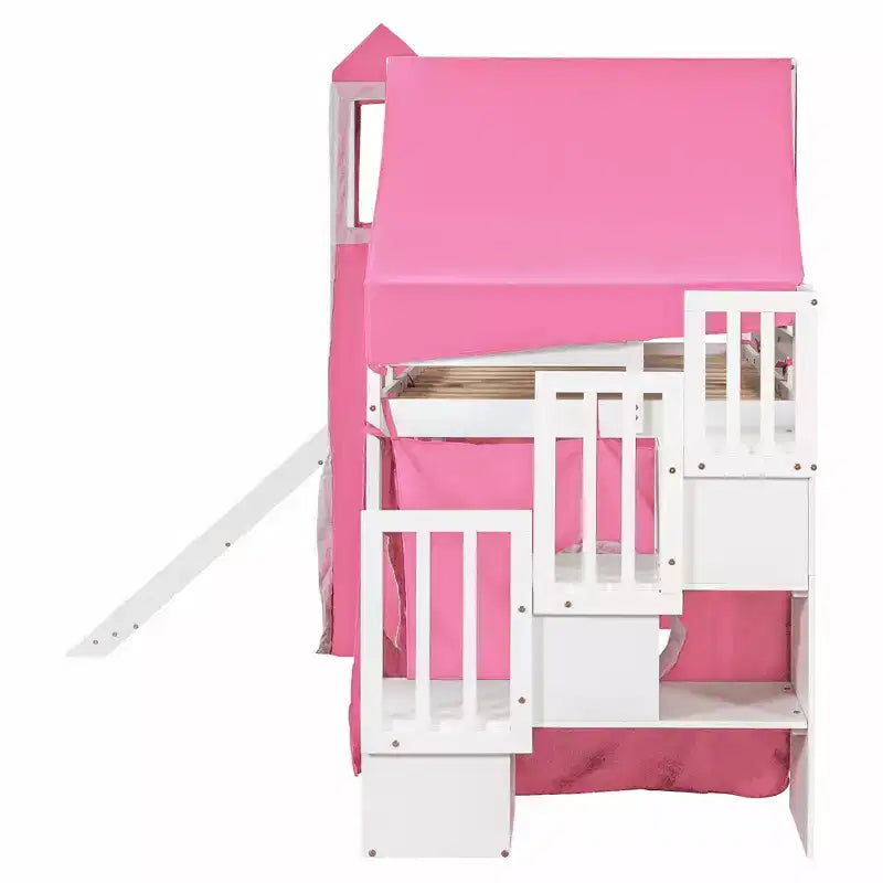 Twin/Full Size Loft Bed with Storage Staircase, Tent and Tower, Pink/Blue - ModernLuxe