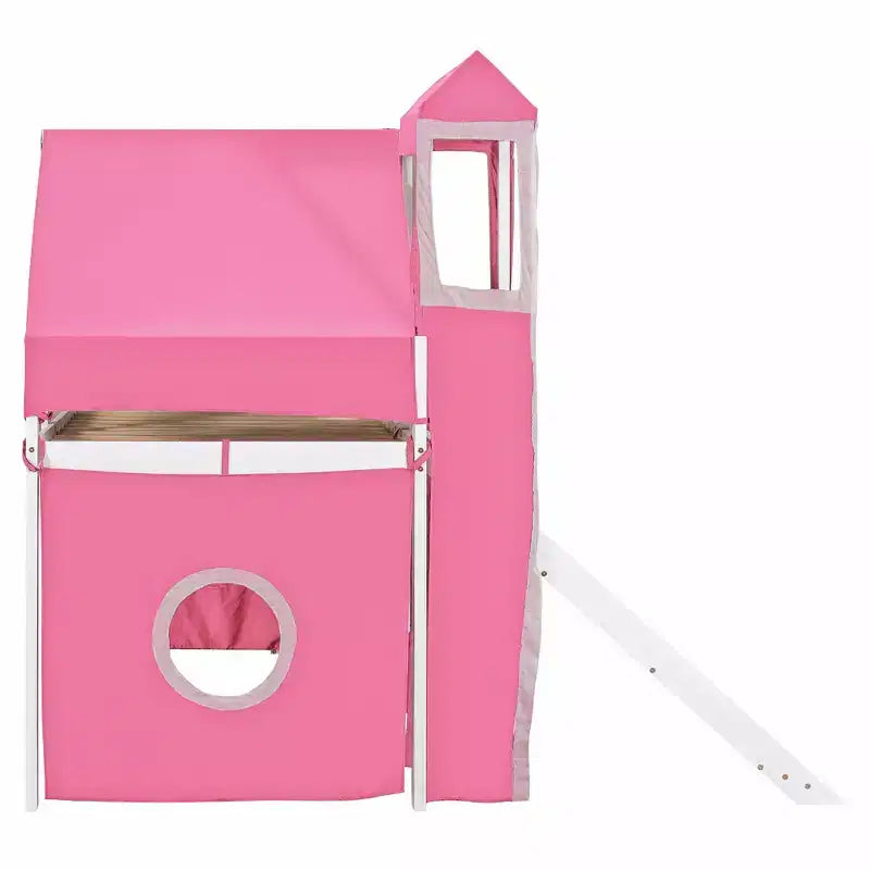 Twin/Full Size Loft Bed with Storage Staircase, Tent and Tower, Pink/Blue - ModernLuxe