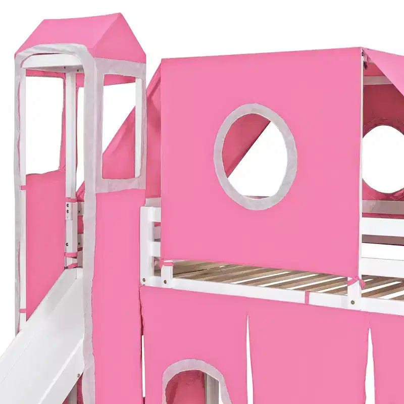 Twin/Full Size Loft Bed with Storage Staircase, Tent and Tower, Pink/Blue - ModernLuxe