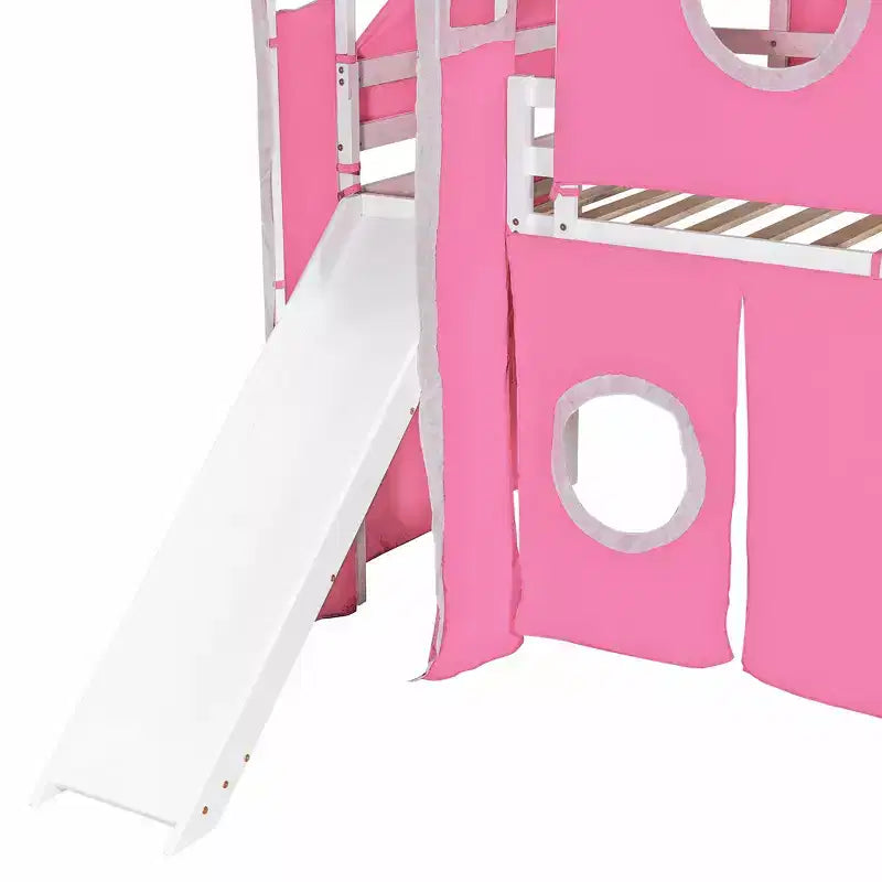 Twin/Full Size Loft Bed with Storage Staircase, Tent and Tower, Pink/Blue - ModernLuxe