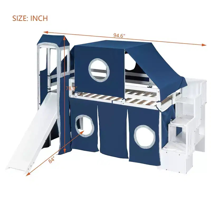 Twin/Full Size Loft Bed with Storage Staircase, Tent and Tower, Pink/Blue - ModernLuxe