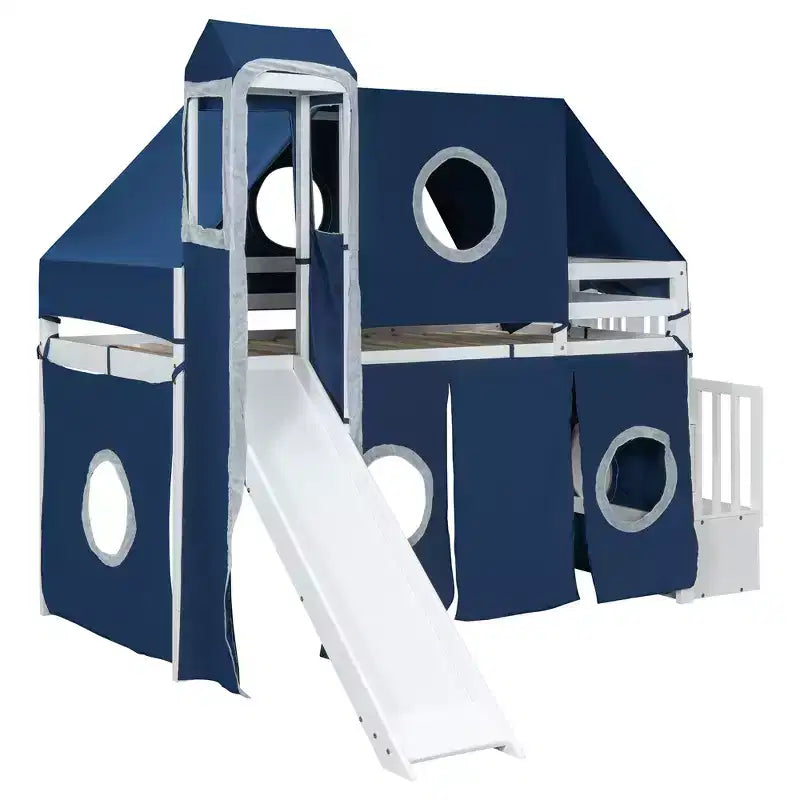 Twin/Full Size Loft Bed with Storage Staircase, Tent and Tower, Pink/Blue - ModernLuxe