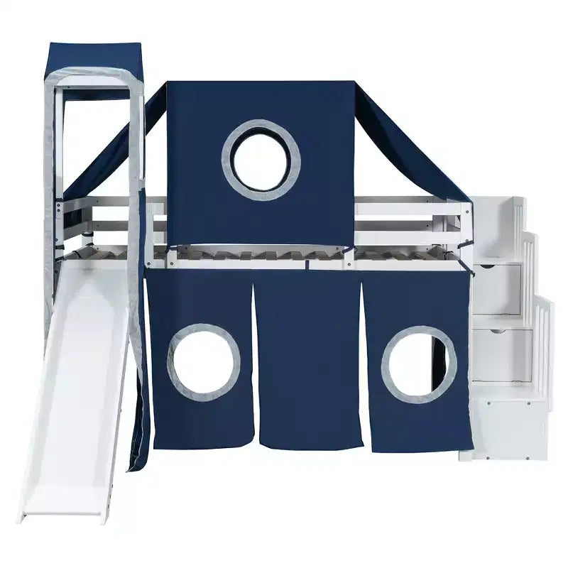 Twin/Full Size Loft Bed with Storage Staircase, Tent and Tower, Pink/Blue - ModernLuxe