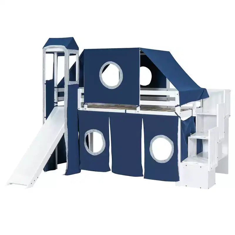 Twin/Full Size Loft Bed with Storage Staircase, Tent and Tower, Pink/Blue - ModernLuxe