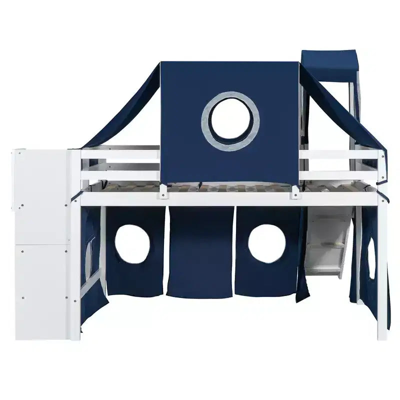 Twin/Full Size Loft Bed with Storage Staircase, Tent and Tower, Pink/Blue - ModernLuxe
