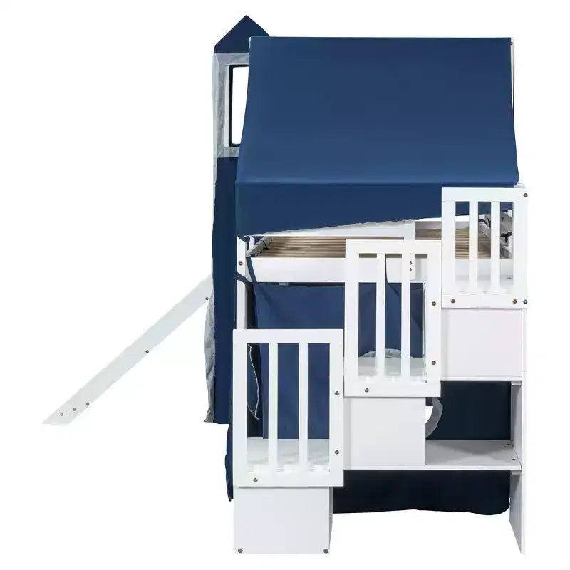 Twin/Full Size Loft Bed with Storage Staircase, Tent and Tower, Pink/Blue - ModernLuxe