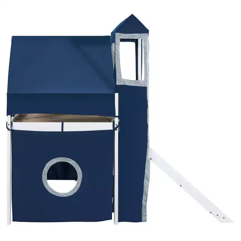 Twin/Full Size Loft Bed with Storage Staircase, Tent and Tower, Pink/Blue - ModernLuxe