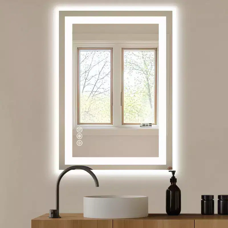 24x32 Inch Lighted Bathroom Mirror, Aluminum Frame Vanity Mirror with 3 Lighting Colors, White