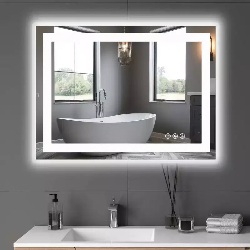 24x32 Inch Lighted Bathroom Mirror, Aluminum Frame Vanity Mirror with 3 Lighting Colors, White
