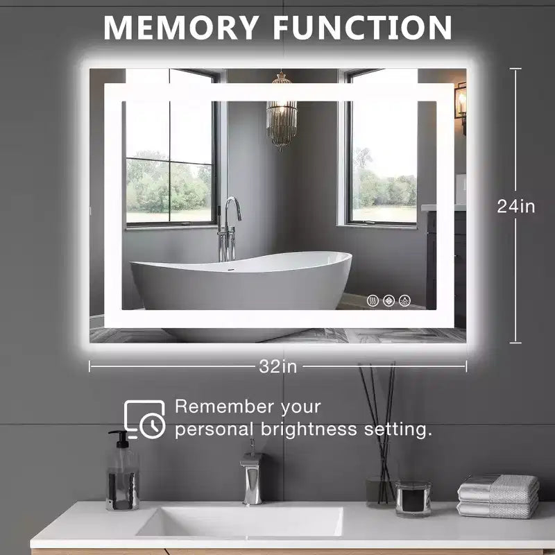 24x32 Inch Lighted Bathroom Mirror, Aluminum Frame Vanity Mirror with 3 Lighting Colors, White