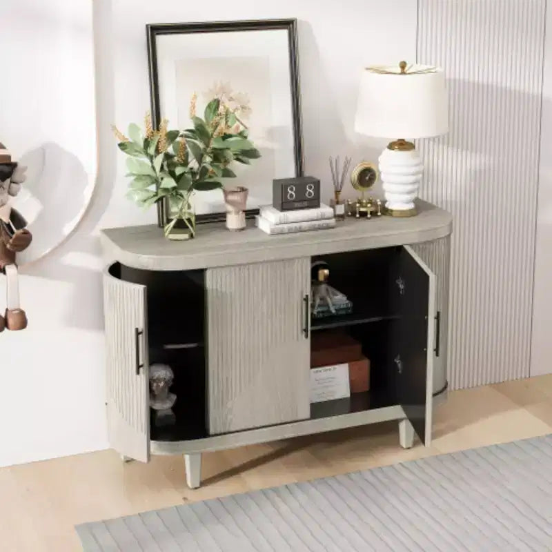 Modern Arc-shaped Sideboard, 47.2-inch Decorative Storage Cabinet, Wooden Hall Table with 4 Doors and Adjustable Interior Shelves