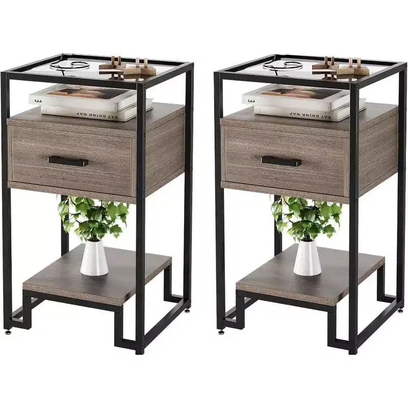 Acekool 2-Pack Nightstands with Storage Drawer & Shelves, Tempered Glass Top & Steel Frame Bedside Tables for Bedroom, Dorm