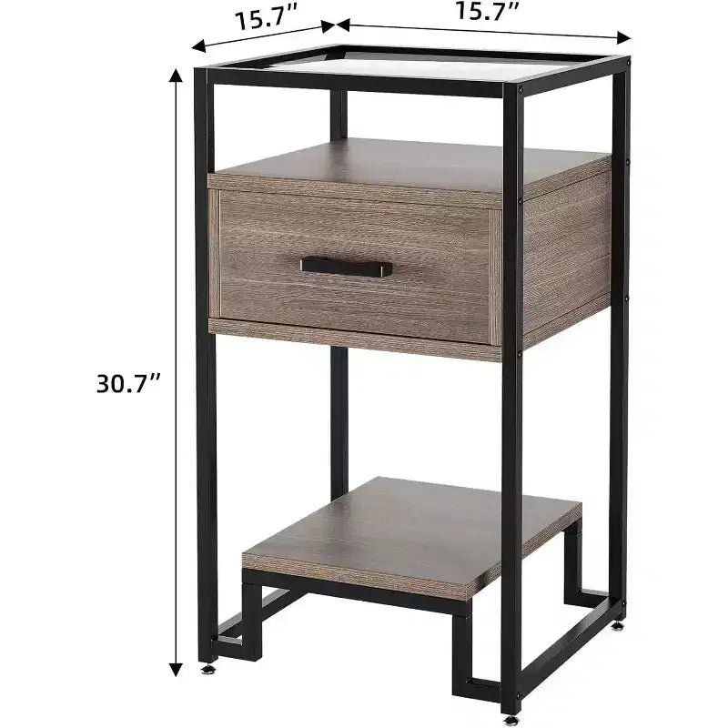 Acekool 2-Pack Nightstands with Storage Drawer & Shelves, Tempered Glass Top & Steel Frame Bedside Tables for Bedroom, Dorm