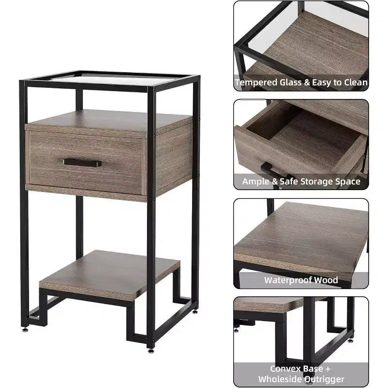 Acekool 2-Pack Nightstands with Storage Drawer & Shelves, Tempered Glass Top & Steel Frame Bedside Tables for Bedroom, Dorm