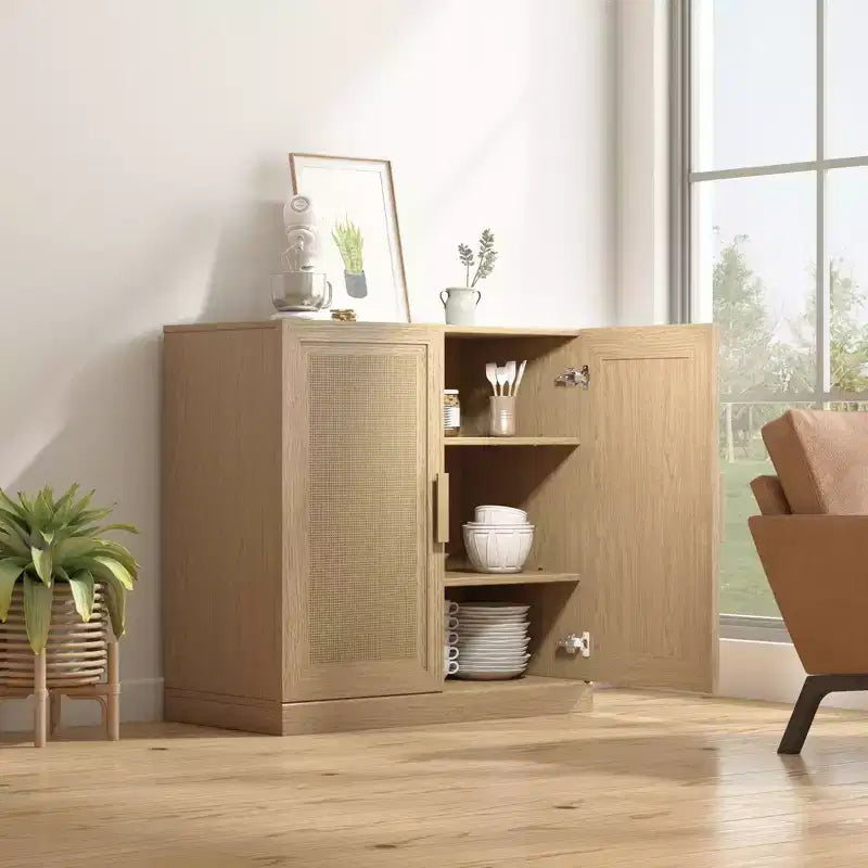 31x31x16 Wood Grain Buffet Cabinet, Storage Organizer with Adjustable Shelves and Rattan Doors for Kitchen Bedroom Living/Dinning Room