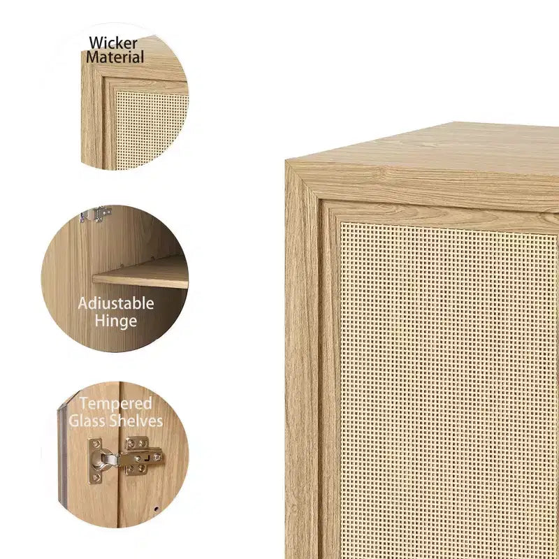 31x31x16 Wood Grain Buffet Cabinet, Storage Organizer with Adjustable Shelves and Rattan Doors for Kitchen Bedroom Living/Dinning Room