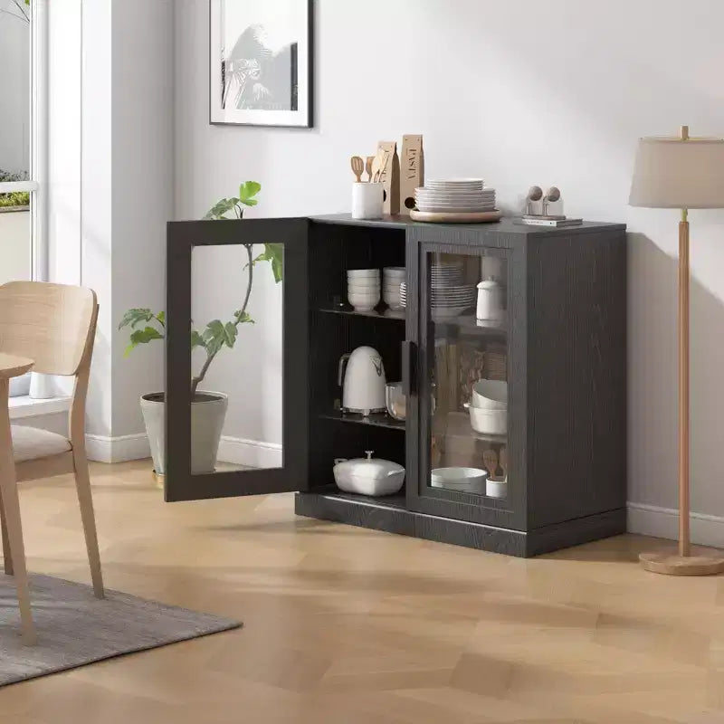 Wood Accent Cabinet in Black, Storage Organizer with Adjustable Shelves and Glass Doors for Kitchen Bedroom Living/Dinning Room
