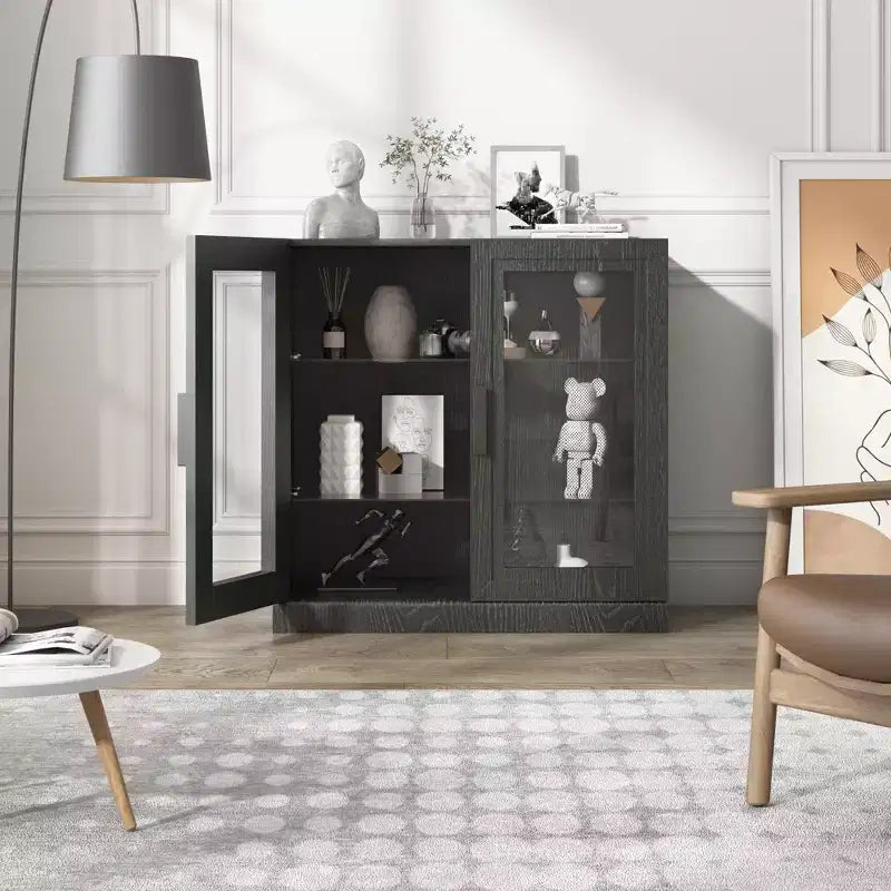 Wood Accent Cabinet in Black, Storage Organizer with Adjustable Shelves and Glass Doors for Kitchen Bedroom Living/Dinning Room