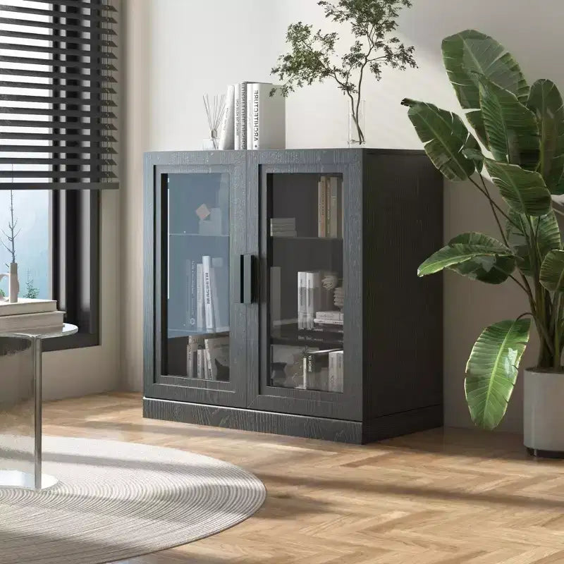 Wood Accent Cabinet in Black, Storage Organizer with Adjustable Shelves and Glass Doors for Kitchen Bedroom Living/Dinning Room