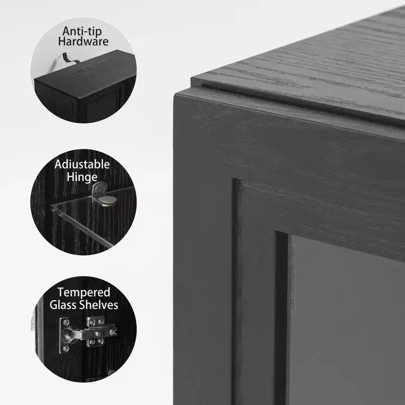 Wood Accent Cabinet in Black, Storage Organizer with Adjustable Shelves and Glass Doors for Kitchen Bedroom Living/Dinning Room